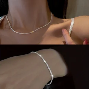 2pcs Shiny Sparkling Silver Plated Clavicle Chain Necklace Bracelet Jewelry Set for Women Minimalist Starry Sky Accessories